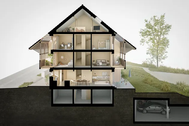 Neubauprojekt Villigerscheune, Reihenhaus - Schnitt durch alle Geschosse (Visualisierung)