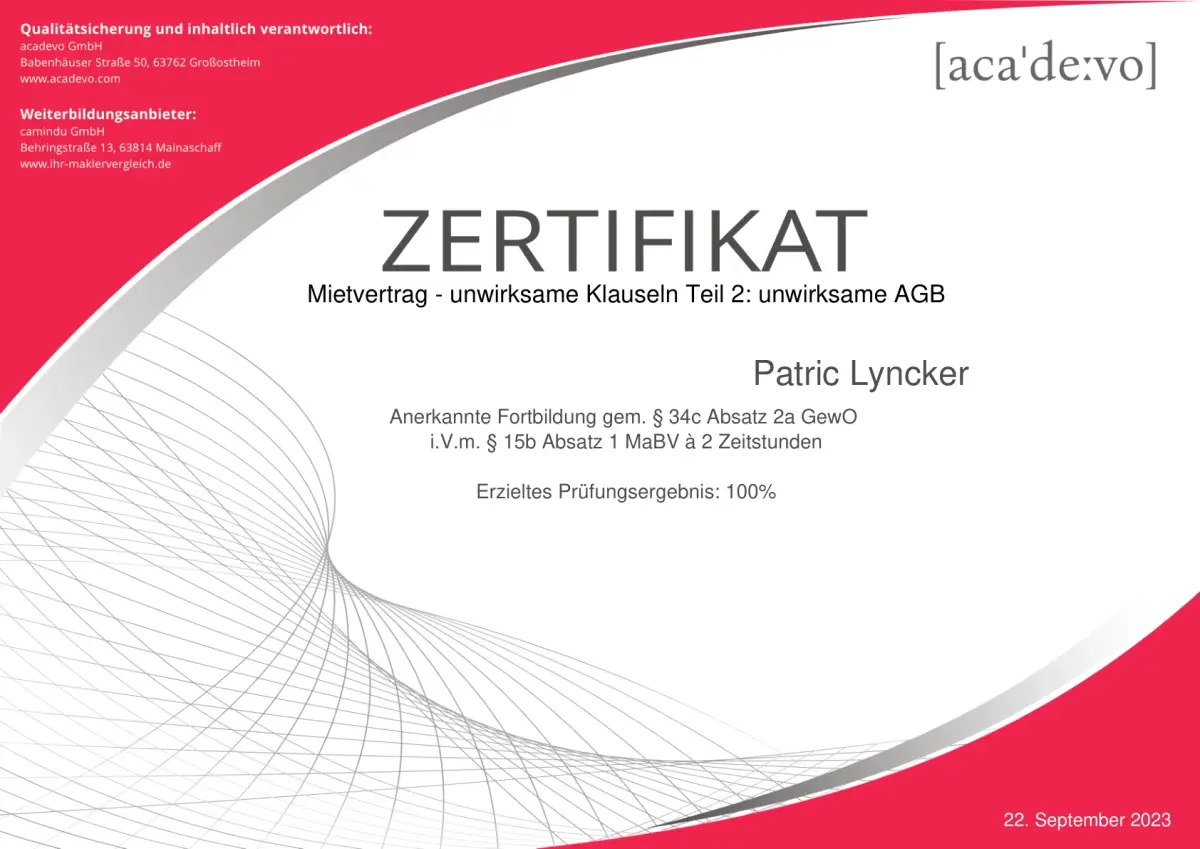 Zertifikat Mietvertrag unwirksame Klauseln Teil 2 – Patric Lyncker, acadevo 2023