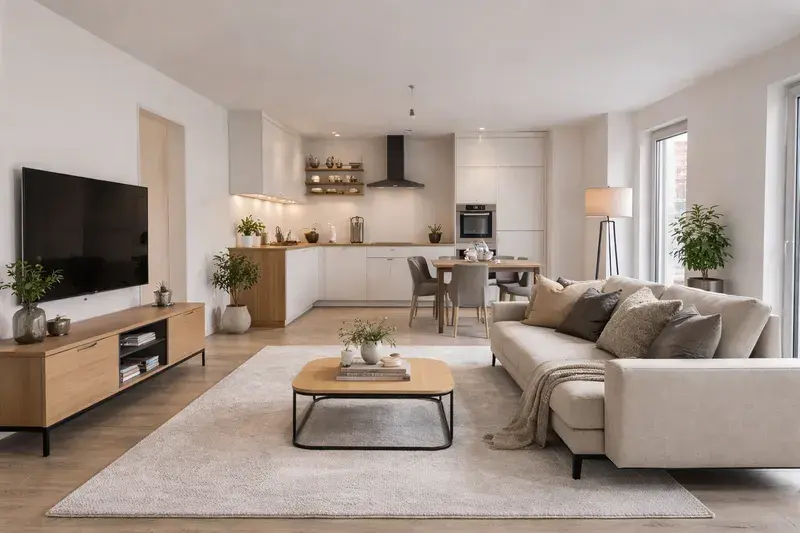 Wohnzimmer mit offenem Küchenbereich