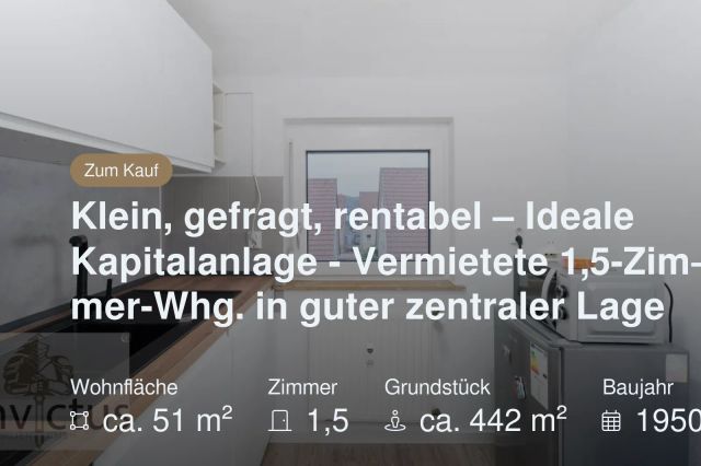 Neu im Angebot: Klein, gefragt, rentabel – Ideale Kapitalanlage – Vermietete 1,5-Zimmer-Whg. in guter zentraler Lage