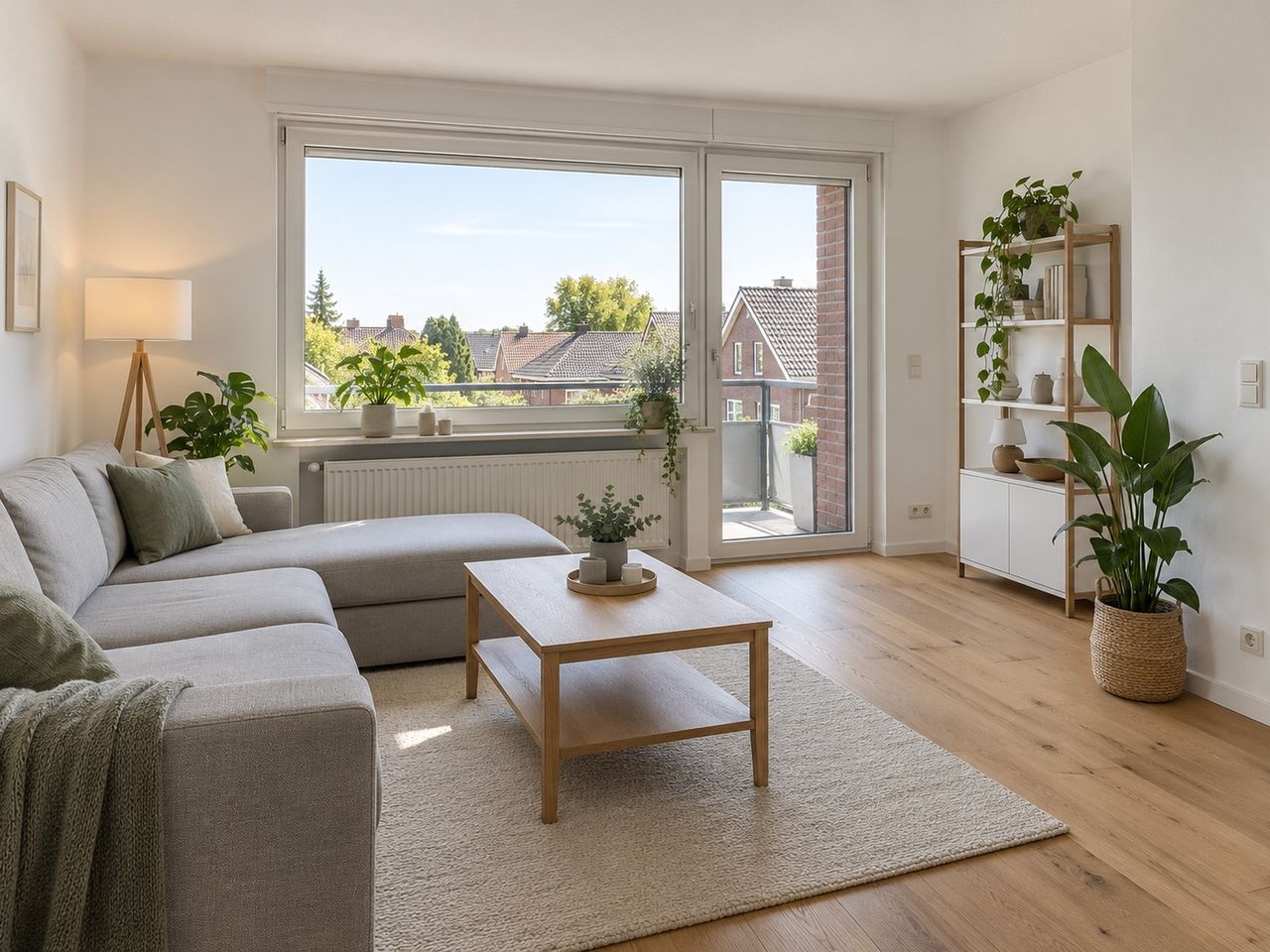 Wohnzimmer mit Zugang zum Balkon (KI-Visualisierung)