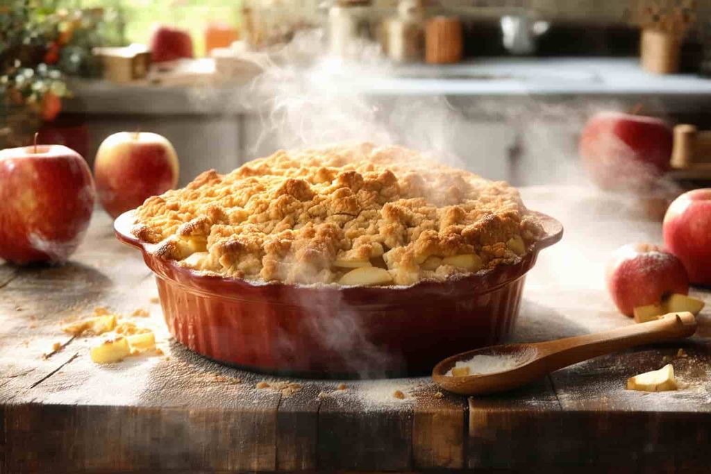 Frisch gebackener Apfel-Crumble mit knusprigen Streuseln