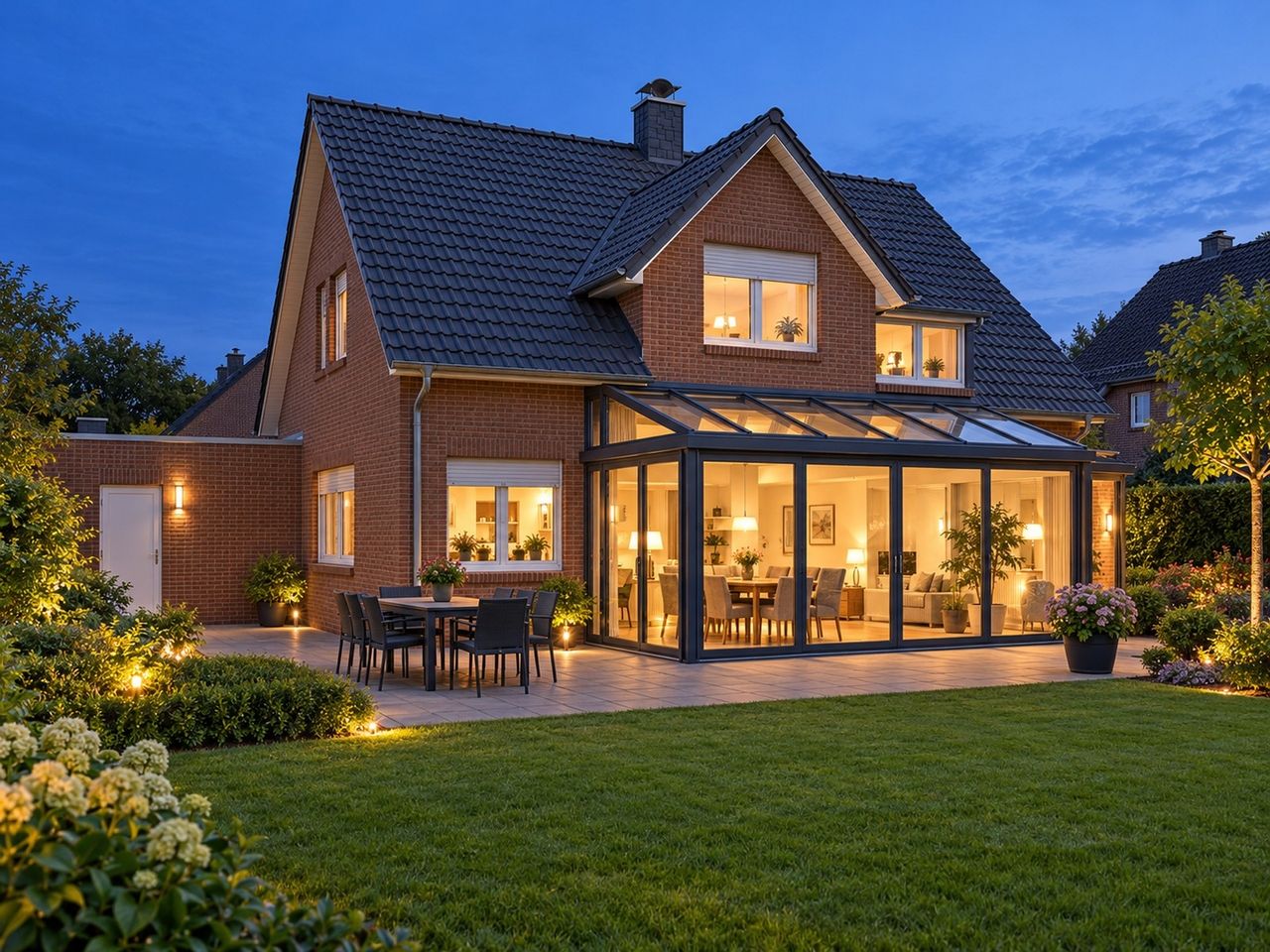 Gartenansicht am Abend (KI-Visualisierung)