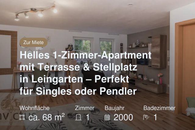 Nicht mehr verfügbar: Helles 1-Zimmer-Apartment mit Terrasse & Stellplatz in Leingarten – Perfekt für Singles oder Pendler