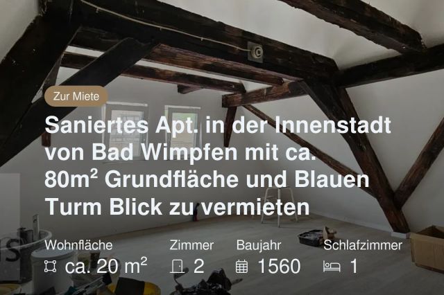Nicht mehr verfügbar: Saniertes Apt. in der Innenstadt von Bad Wimpfen mit ca. 80m² Grundfläche und Blauen Turm Blick zu vermieten