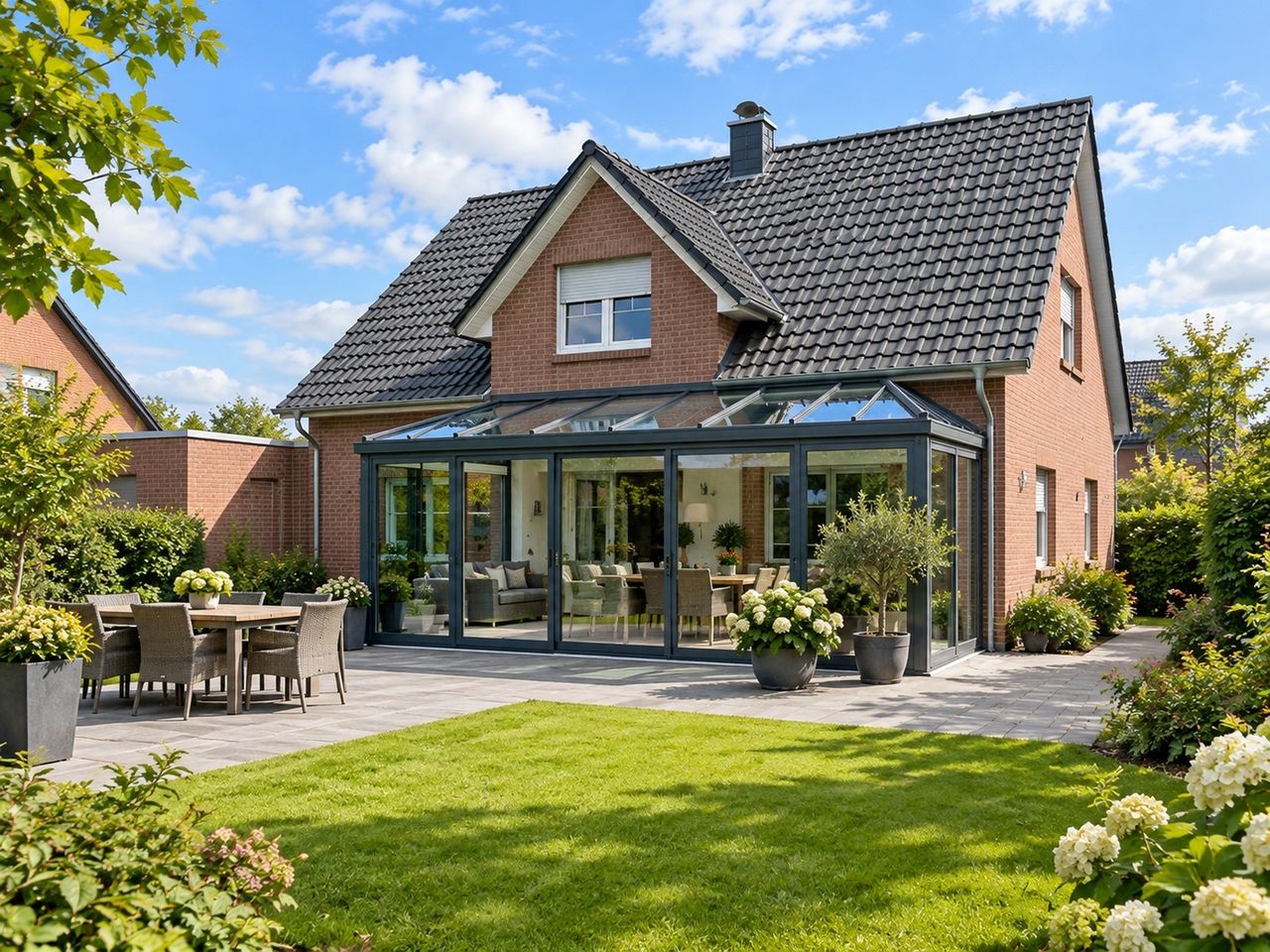 Rückansicht mit Wintergarten und Terrasse (KI-Visualisierung)