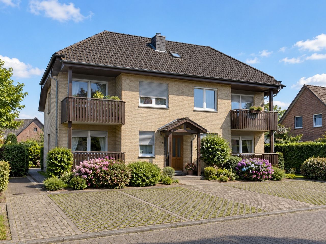 Gepflegtes Zweifamilienhaus mit Holzbalkonen (KI-Visualisierung)