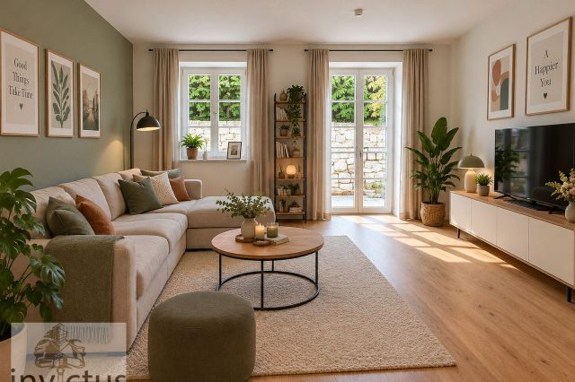 KI-Skandinavisches Wohnzimmer mit Pflanzen und Licht