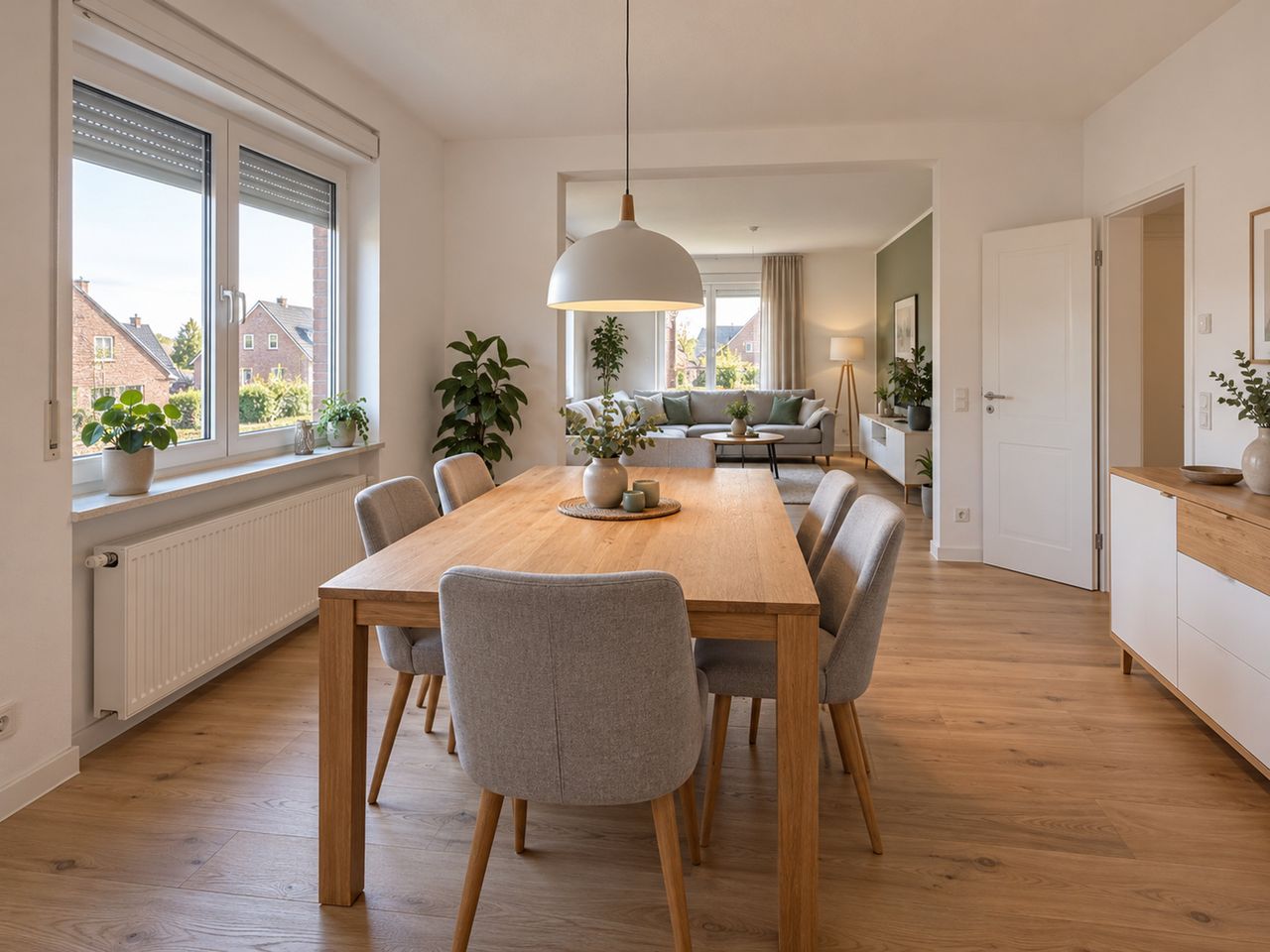 Essbereich mit Eichentisch und Blick ins Wohnzimmer (KI-Visualisierung)