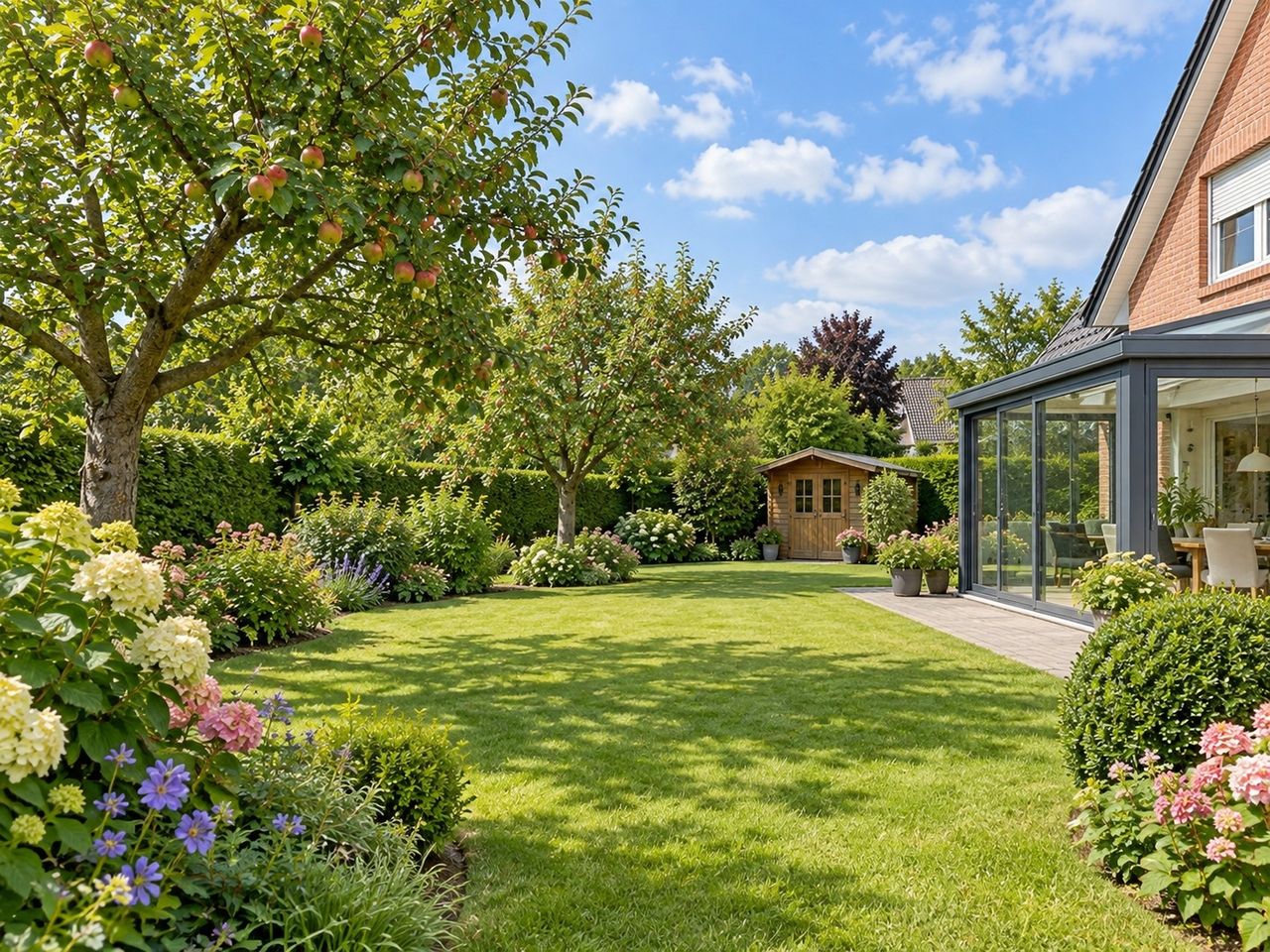 Garten mit Obstbäumen und Gerätehaus (KI-Visualisierung)