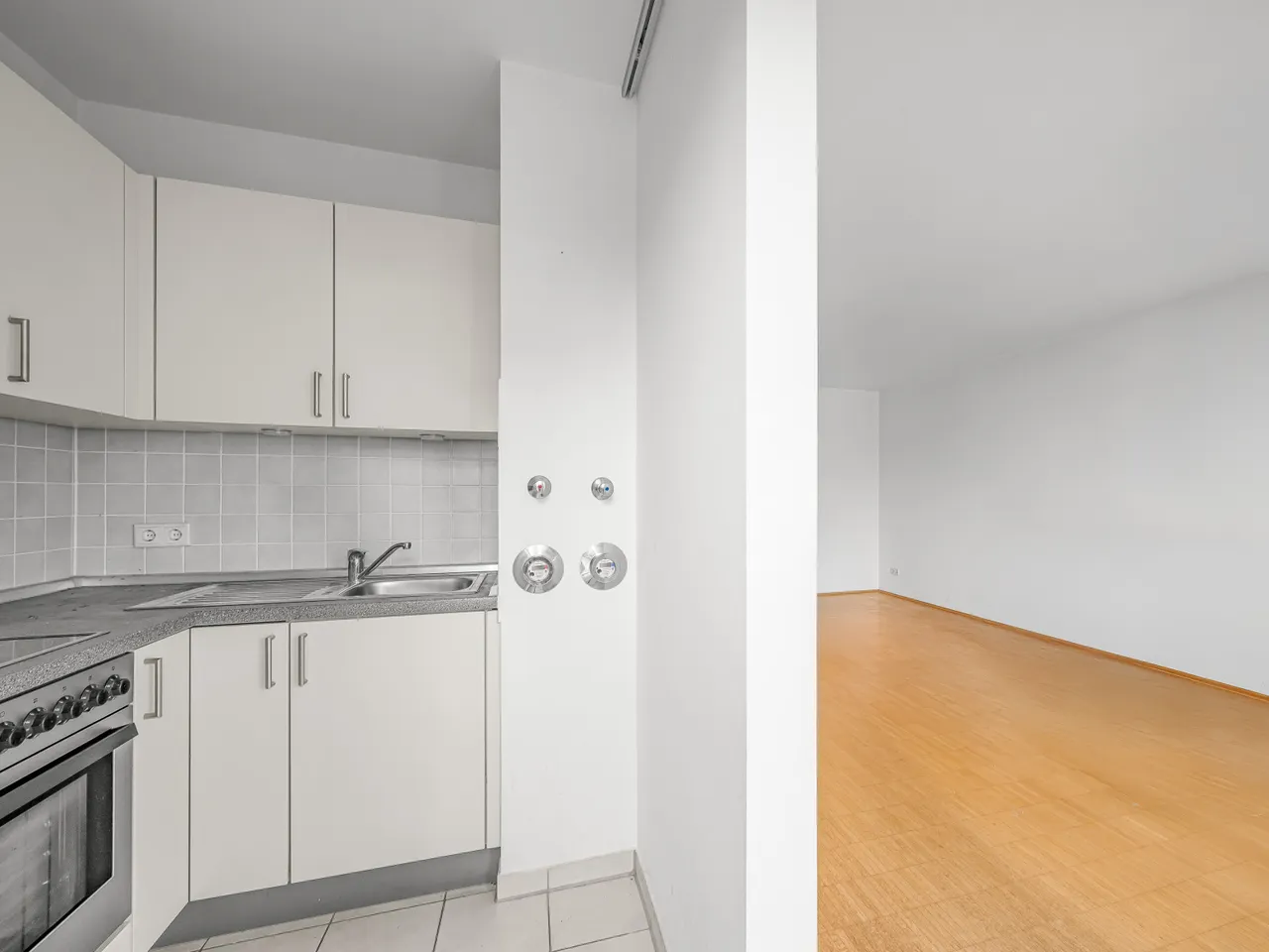 Küche u. Blick ins Wohnzimmer