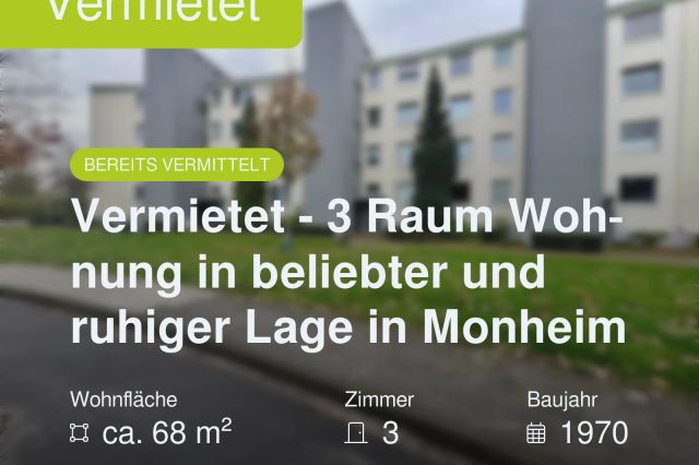 Nicht mehr verfügbar: Vermietet – 3 Raum Wohnung in beliebter und ruhiger Lage in Monheim