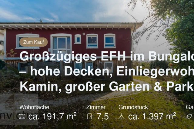 Nicht mehr verfügbar: Großzügiges EFH im Bungalowstil – hohe Decken, Einliegerwohnung, Kamin, großer Garten & Parkplätze!