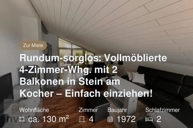 Nicht mehr verfügbar: Rundum-sorglos: Vollmöblierte 4-Zimmer-Whg. mit 2 Balkonen in Stein am Kocher – Einfach einziehen!