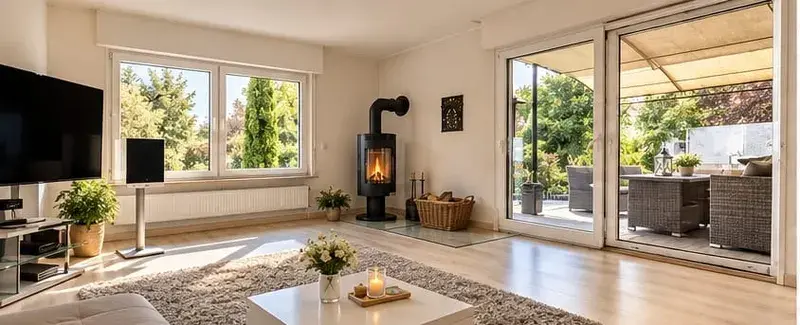Großzügiger Wohnbereich mit Kamin und direktem Zugang zur Terrasse