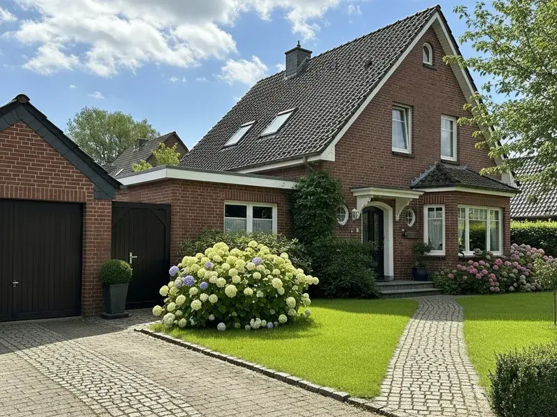 Außenansicht mit Garage und Vorgarten (KI-Visualisierung)