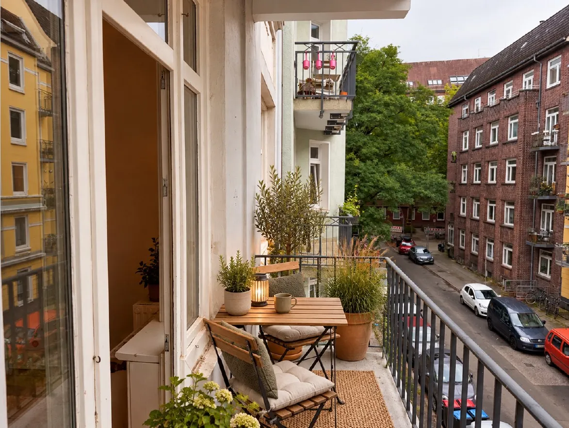 Sonniger Süd-Ost-Balkon - Möblierungsbeispiel