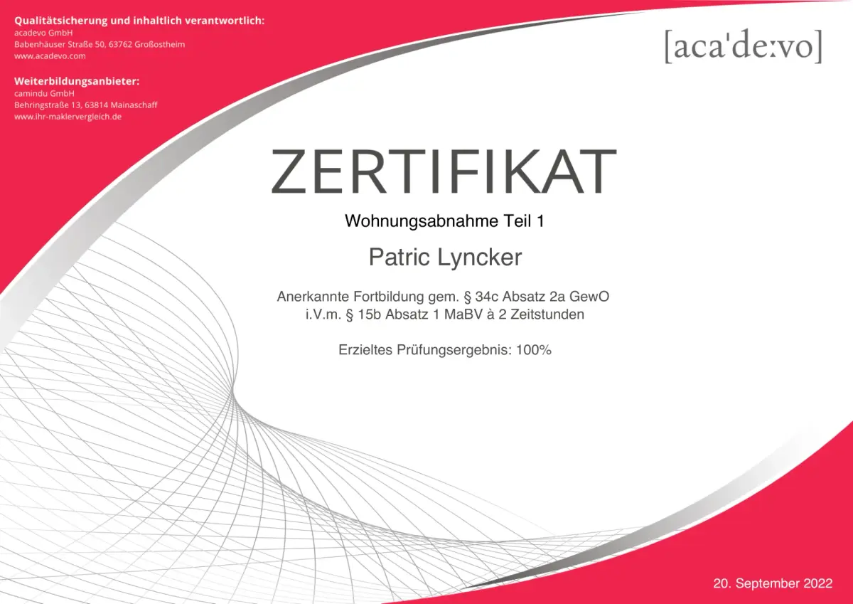 Zertifikat Wohnungsabnahme Teil 1 – Patric Lyncker, acadevo 2022