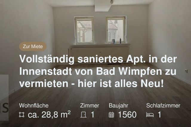 Nicht mehr verfügbar: Vollständig saniertes Apt. in der Innenstadt von Bad Wimpfen zu vermieten – hier ist alles Neu!