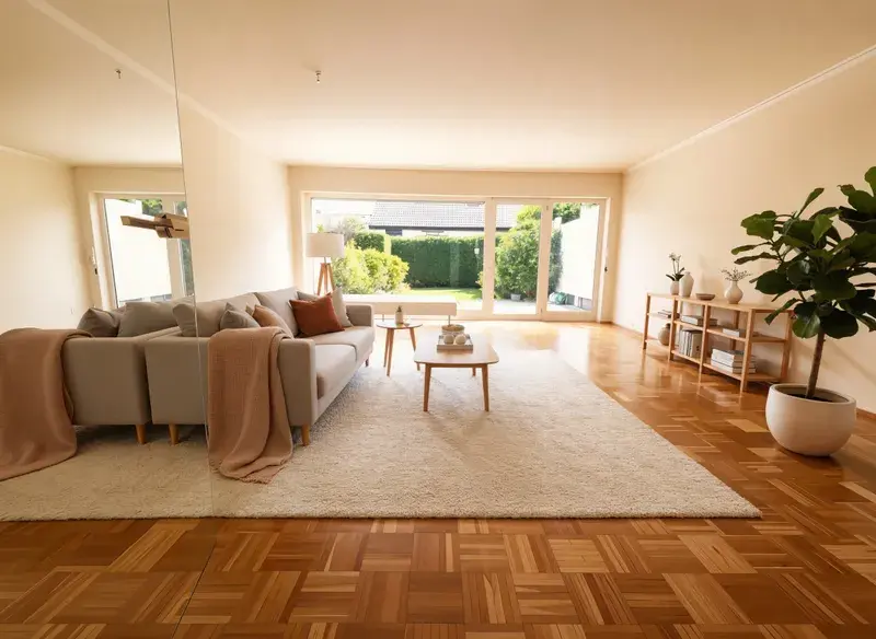 Wohn-Esszimmer mit Blick in den Garten