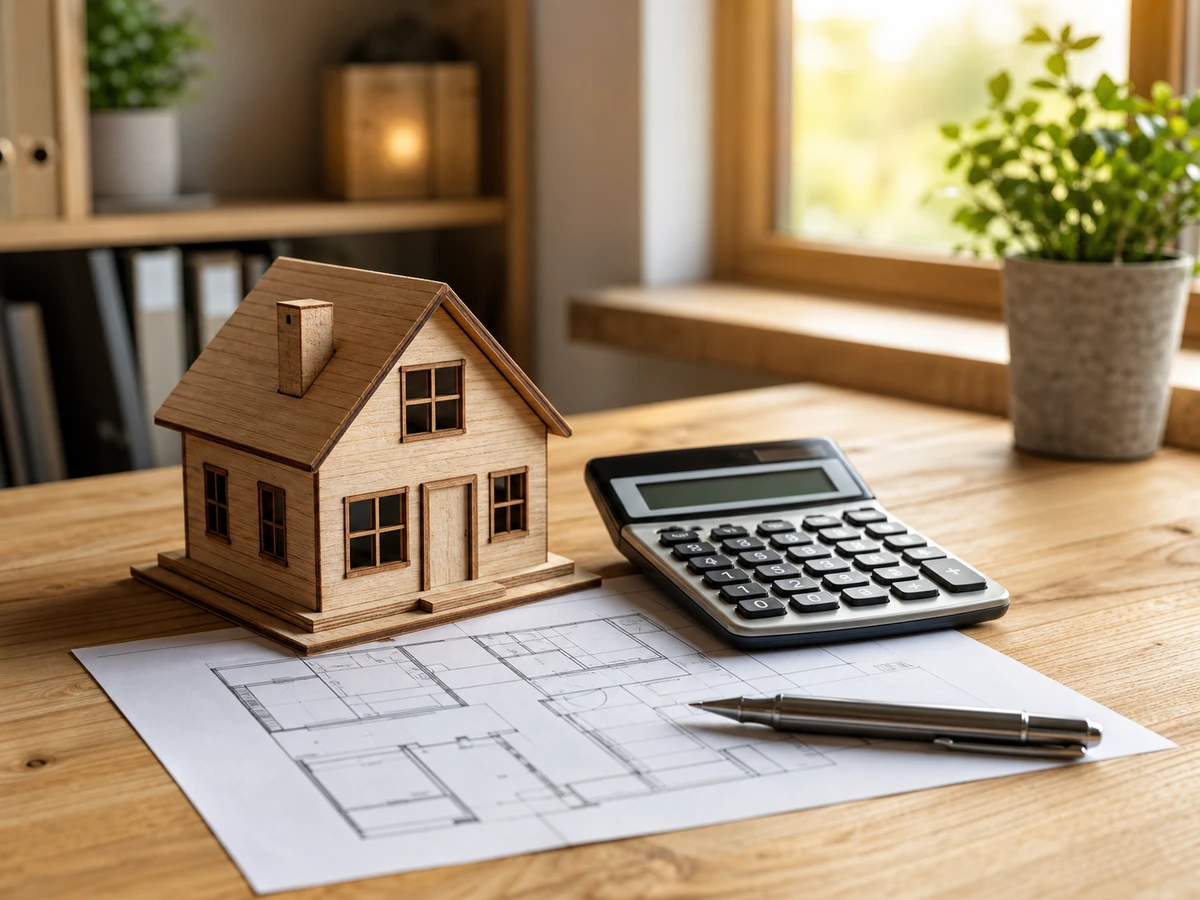 Modellhaus mit Taschenrechner und Grundriss auf einem Schreibtisch – Immobilienbewertung bei NIX Immobilien