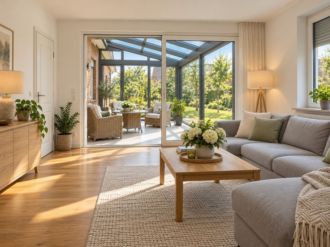 Wohnzimmer mit Zugang zum Wintergarten (KI-Visualisierung)